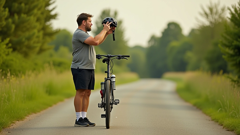 Cyclist preparing for a ride with water bottle, sunscreen, helmet, and other essentials laid out
