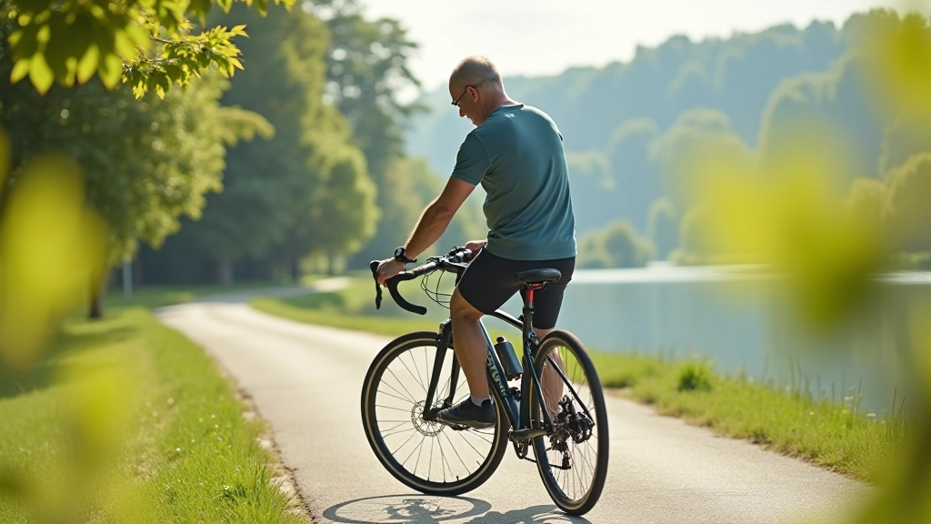 Cyclist preparing bike on sunny day with trees and water landscape in the background, checking tire pressure