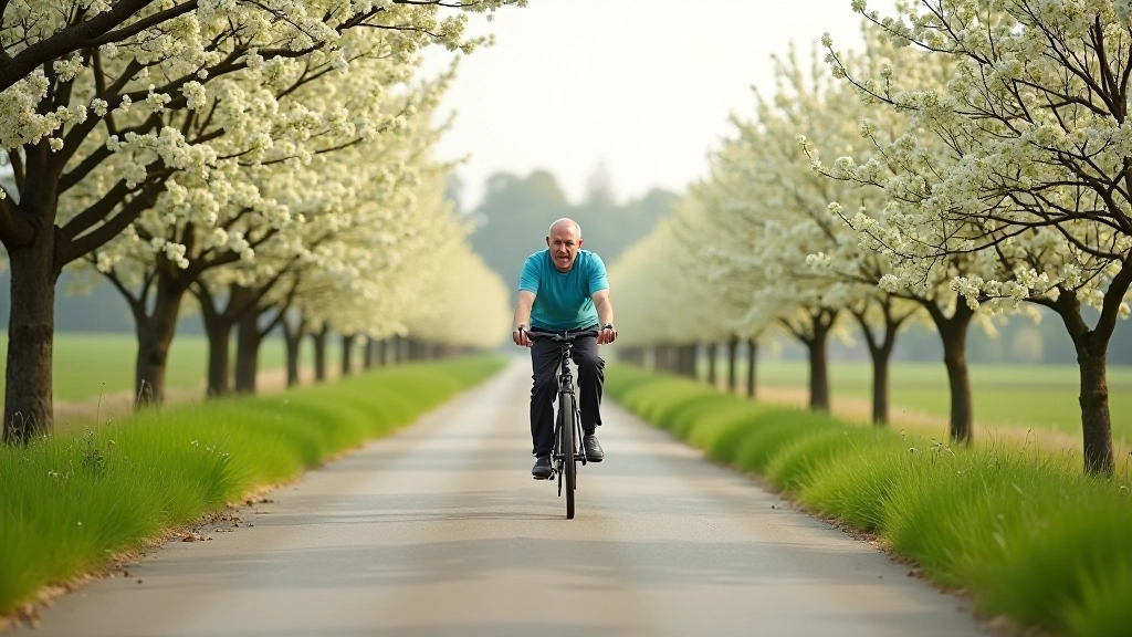 Cyclist riding through rural area with blooming fruit trees and farmland