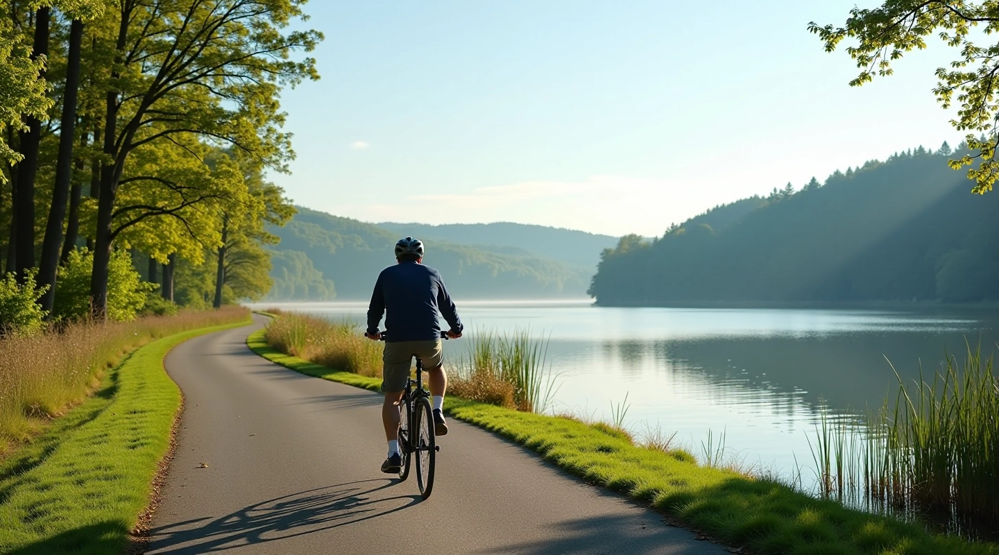 Cyclist on paved lakeside path with calm water and green shoreline