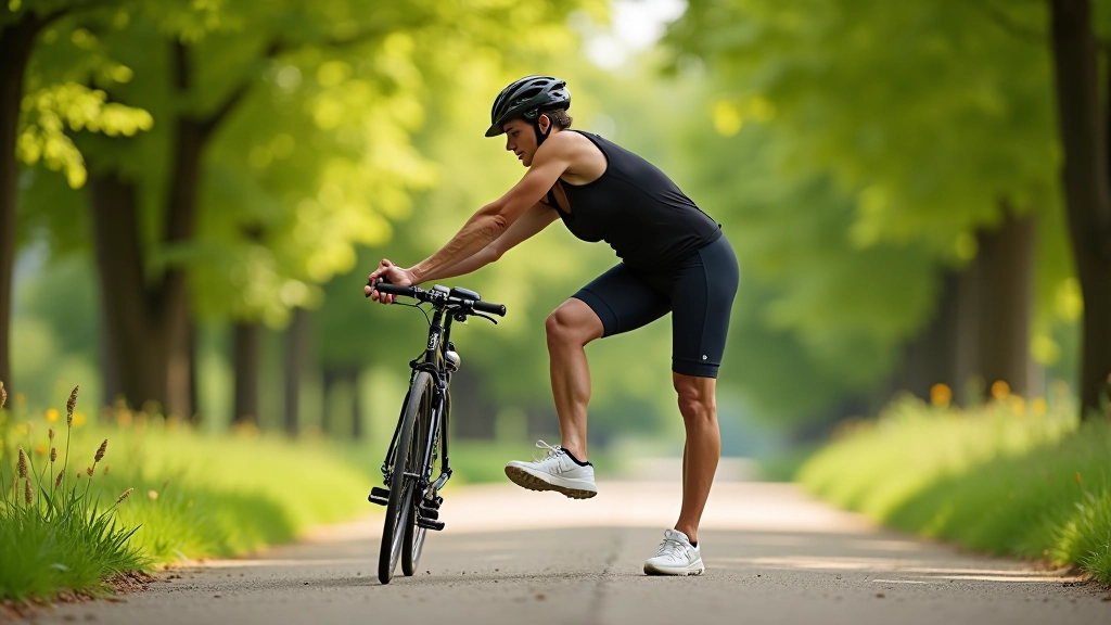 Cyclist stretching hamstrings after ride, leaning against bike in scenic outdoor setting with trees