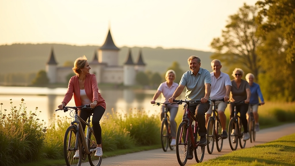 Group of cyclists pausing at a scenic overlook with the lake and castle visible in the distance