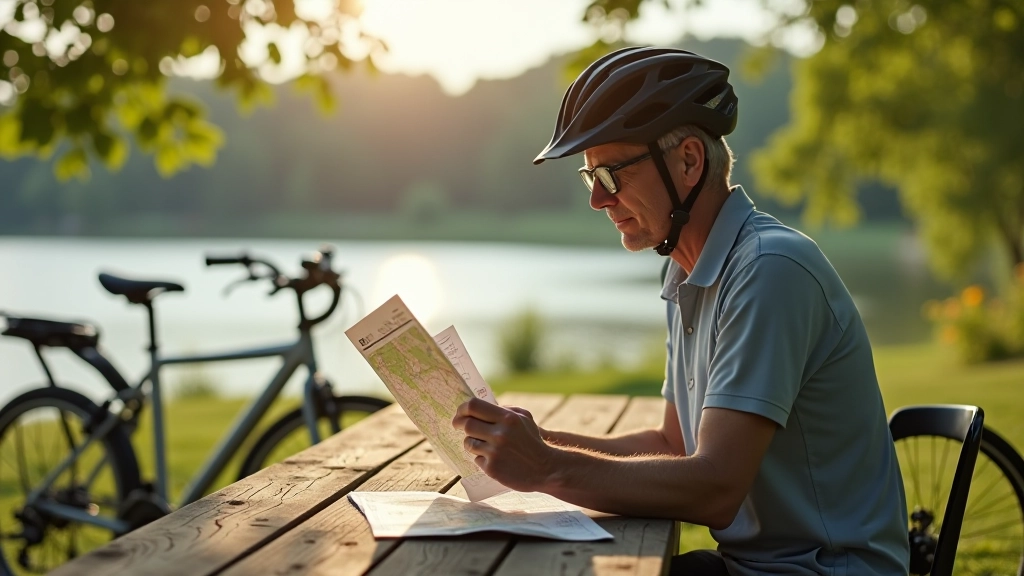 Older cyclist on bike with small rucksack, checking map at wooden picnic table with lake visible in the background