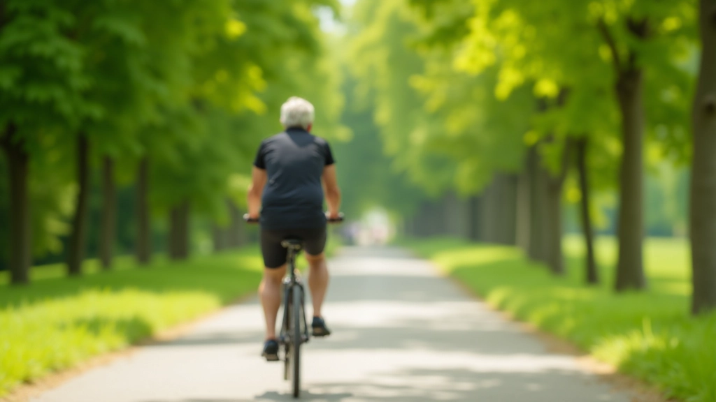 Older adult cyclist riding slowly on flat paved trail, relaxed posture, scenic green landscape background