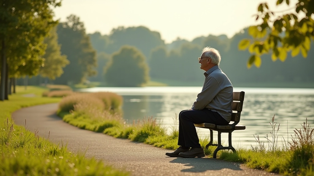Cyclist taking a rest break on a wooden bench along the lakeside path, looking out over the water