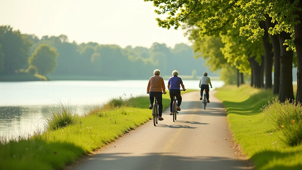 Cyclists riding on a scenic lakeside path near Trakai with calm water in the background