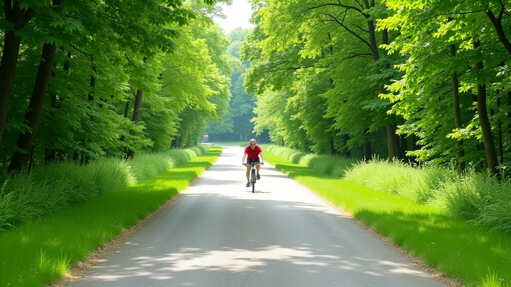 Paved cycling path winding through green trees with glimpses of water visible through foliage in the distance