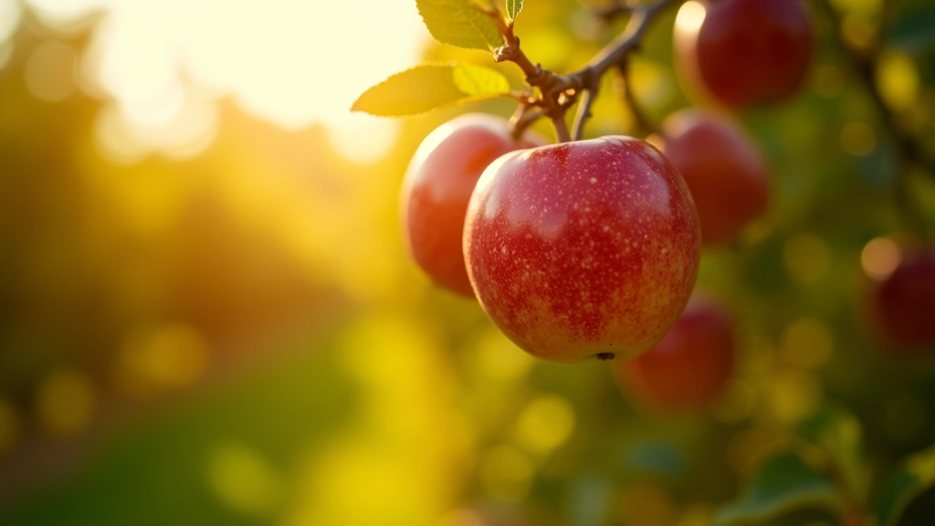 Close-up of ripe apples hanging on tree branches in an orchard with autumn sunlight filtering through leaves