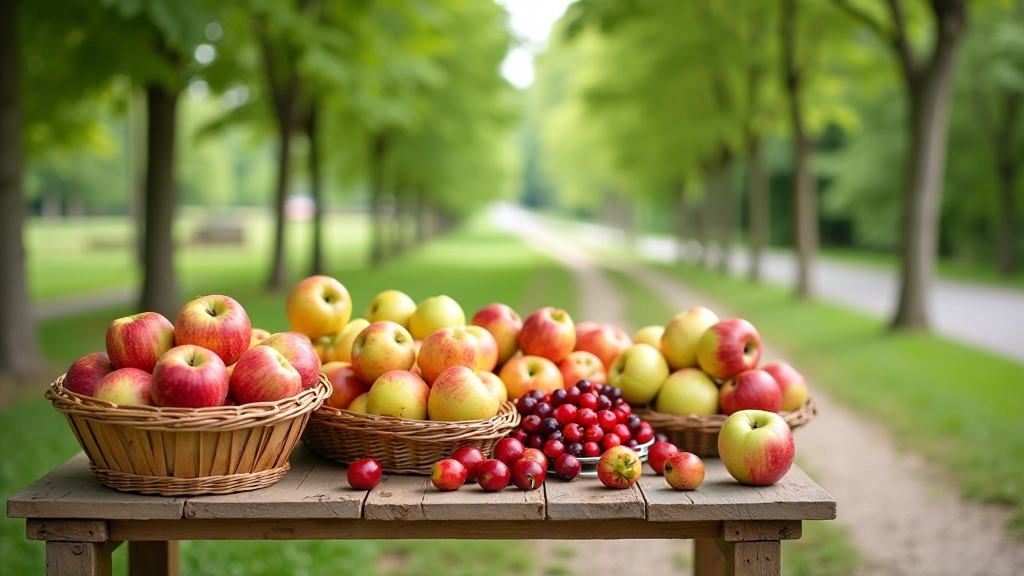 Rustic wooden farm stand with baskets of fresh apples and cherries arranged on a table, countryside road in background