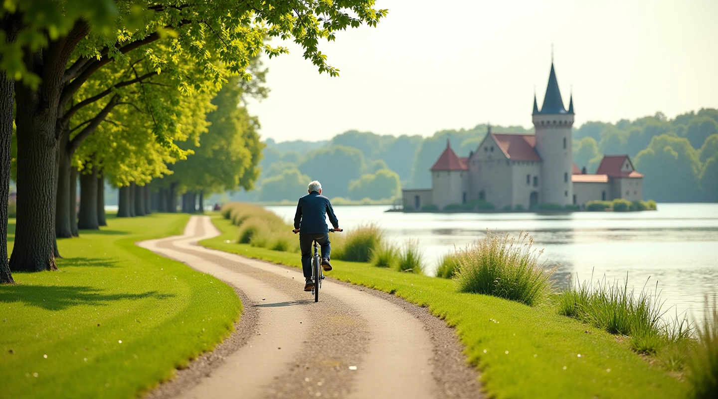 Retirees cycling on gentle trails with Trakai castle view in background
