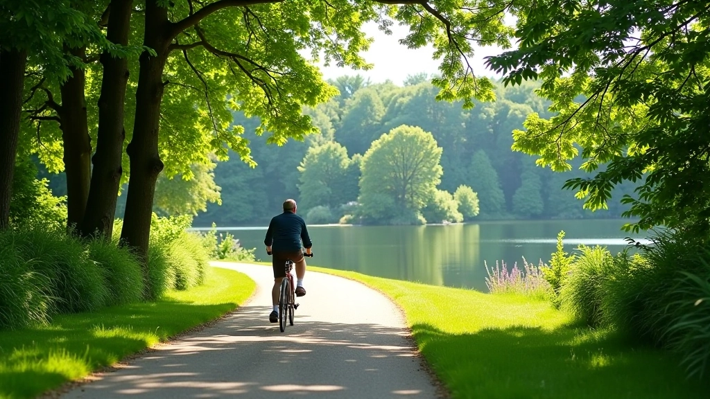 Lakeside cycling path showing seasonal changes with green trees and calm waters
