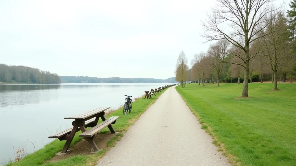 Peaceful lake shoreline with a designated cycling path, benches for resting, and calm water reflecting the sky