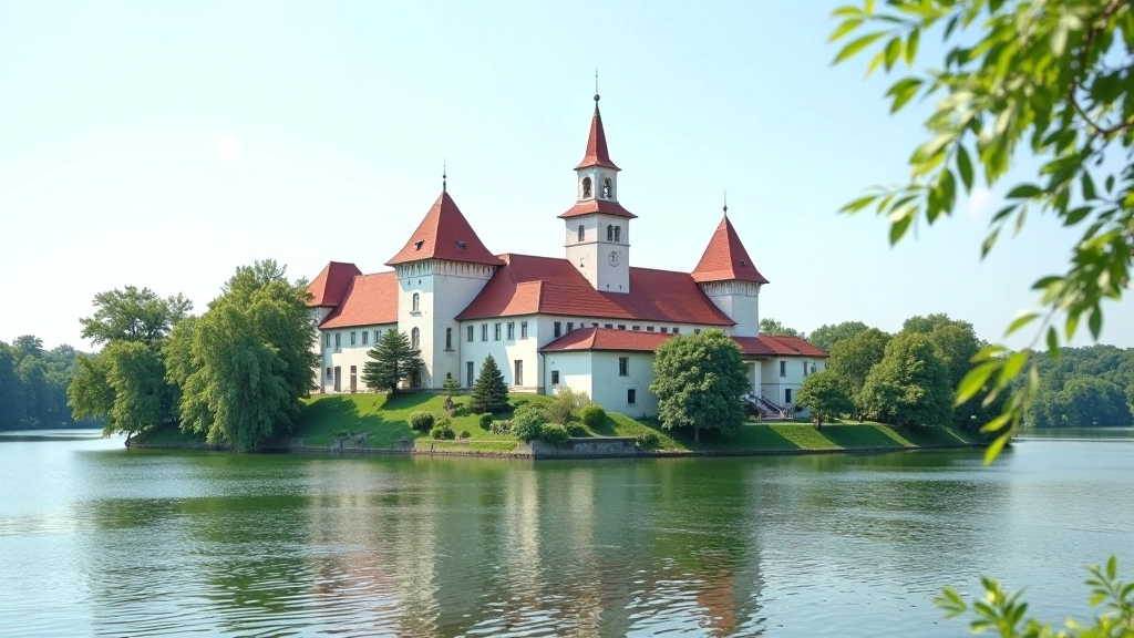 Historic Trakai Island Castle with colorful wooden fortifications surrounded by water
