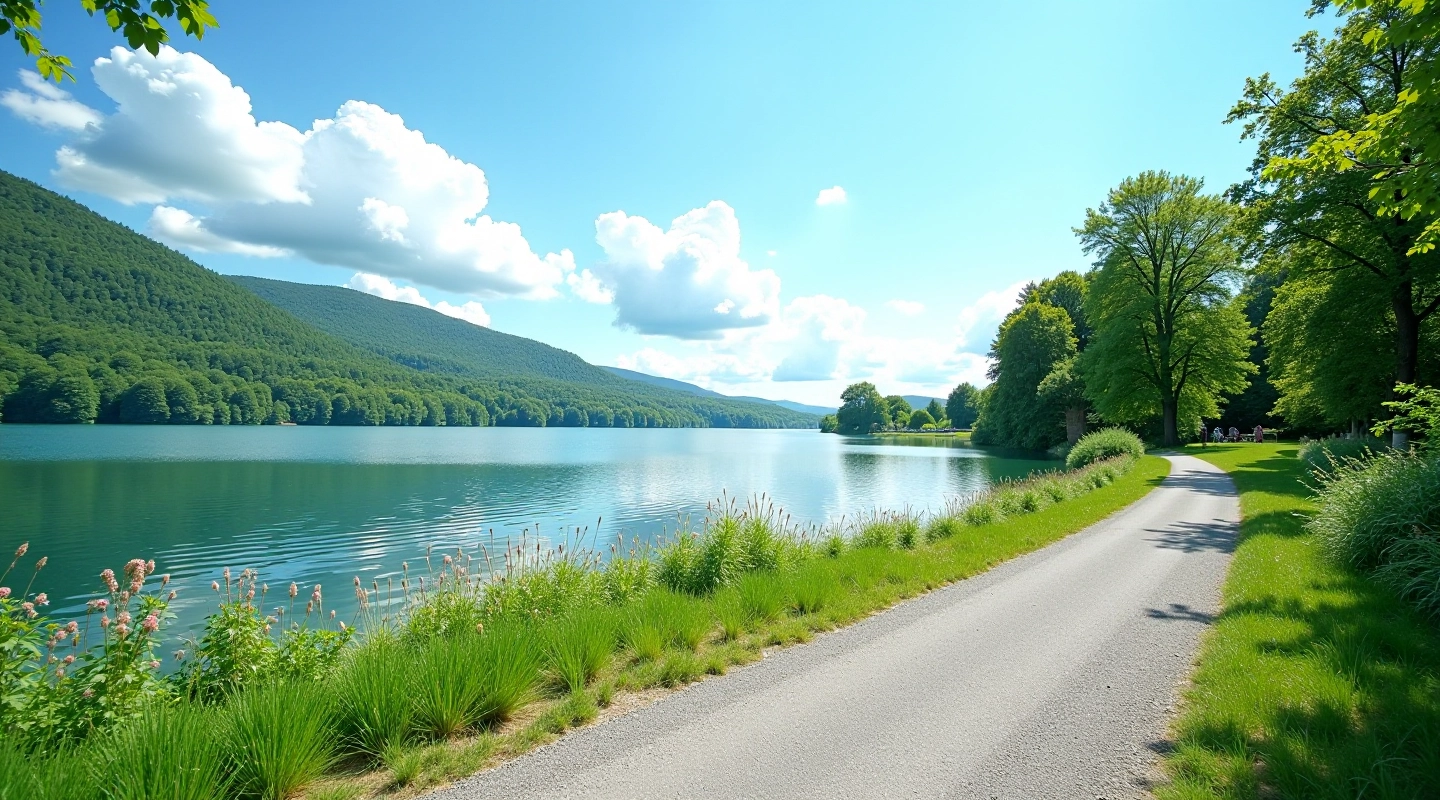 Scenic lakeside cycling path with calm blue water, green forested shores, and clear sky